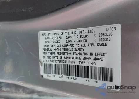 2003 Honda Cr-V Ex из США, поврежденный, VIN SHSRD788X3U116965